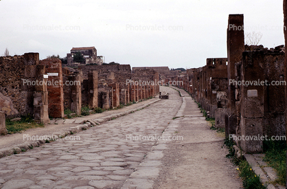 Ruins, Columns, cobblestone street, road, buildings