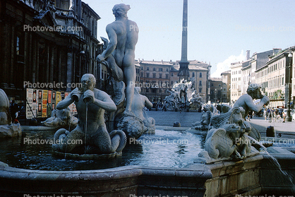 Water Fountain, aquatics, dragons, buildings, Obelisk, Rome, May 1966