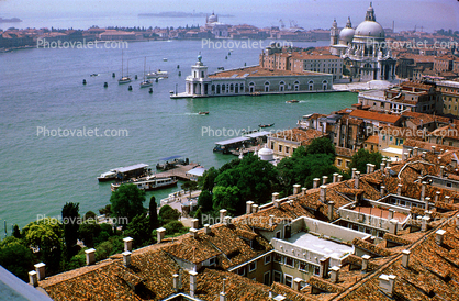 The Basilica of St Mary of Health, Santa Maria della Salute, Grand Canal, buildings, red rooftops, cathedral, ferry boats, July 1968, 1960s