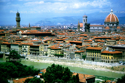 Cathedral, Red Roofs, Homes, Riverfront, Arno River, Florence