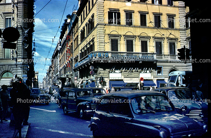 Cars, buildings, Traffic-Jam, Busy, Rome, 1950s
