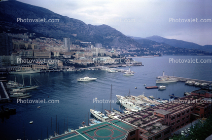 Harbor, Twin Lighthouses Harbor Entrance, square, buildings, skyline, boats, shore, coast, coastline, Monaco, Mediterranean Sea, 1950s