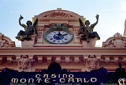 Casino, outdoor clock, roman numerals, Angels, Statues, bar-relief, ornate, building detail