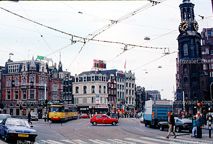 Trolley, Cars, Street, Tower, Clock, Crosswalk, Amsterdam