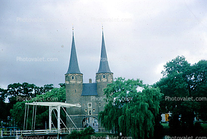 Oosrpoort Gate In Delft, Drawbridge, Twin Spire, Tower, Steeple, Trees, Castle, 1950s