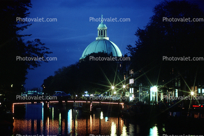 Dome, Canal, Nighttime, Night, Reflection, Amsterdam
