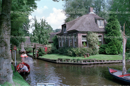 Home, Water, Waterway, Canal, Boats, House, Bucolic, 1950s