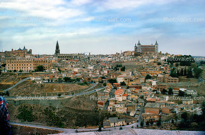 Cityscape, hill, houses, buildings, Alcazar of Toledo, Castile-La Mancha, Tagus River, Castle