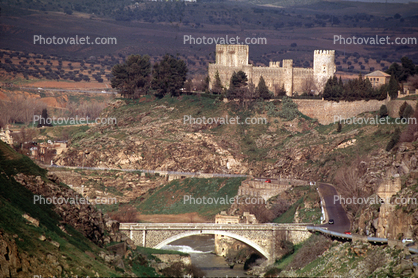 Bridge over the Tagus River, castle, highway, road, building, valley