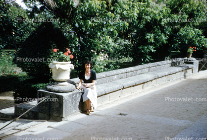 Woman, Gardens, Bench, Seat, Flowerpot, Summer Palace near El Escorial, 1940s