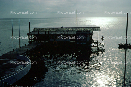 Pier, house, boat, sea, 1950s