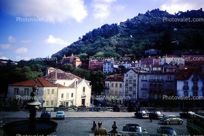 cars, buildings, water fountain, hillside, Sintra, April 1967, 1960s