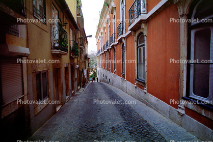 Cobblestone street, alley, narrow, buildings, Lisbon