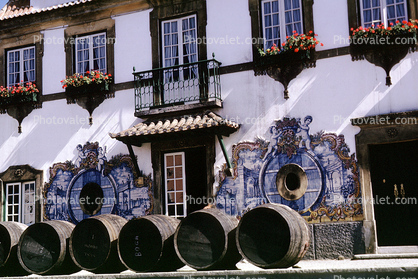 Fonseca Winery, Setubal, Barrels, Art, Flowers, Windows, Oak Barrels, blue tile, balcony
