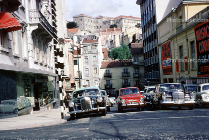 Cars, street, buildings, Mercedes Benz, minicar, Lisbon, 1960s
