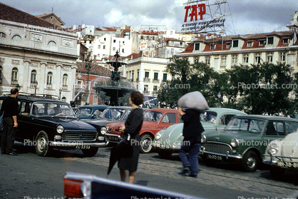 TAP airlines billboard, Volkswagen Bug, cars, 1950s