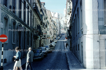 Cars, Steep Street, buildings, road, Lisbon, 1950s