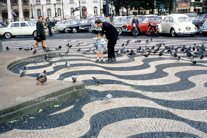 Pigeons, Volkswagen Bug, Lisbon, tile sidewalk, illusion