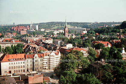 Church, trees, skyline, buildings, Gdansk, Danzig, August 1973, 1970s
