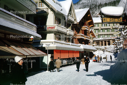 Snowy Street, Buildings, Downtown Wengen, Switzerland, 1950s