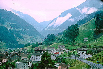 Road, Homes, Buildings, Valley, Mountains, north of Gotthard Tunnel, Switzerland, 1950s