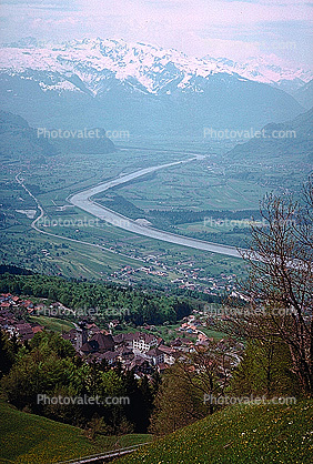 River, Valley, Mountains, Liechtenstein, Switzerland, 1950s