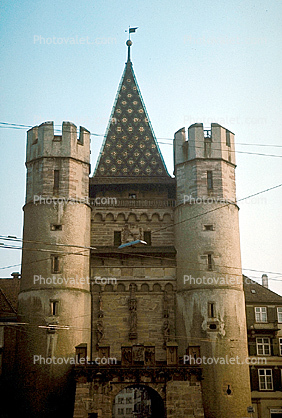 Spalen Gate, Spalentor, Castle, Palace, Turret, gateway, landmark, tower, Basel, Switzerland, building, 1950s