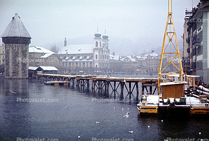 Water Tower, Lucerne Bridge, Kapellbr?cke, Church, Crane Barge, Water, Lake, Luzern, Switzerland, 1950s