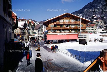 Main Street, Skating Rink, Chalet, Buildings, Wengen, Switzerland, 1950s