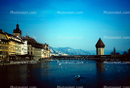 Water Tower, Lucerne Bridge, Lake, Kapellbr?cke, Luzern, Switzerland, 1950s