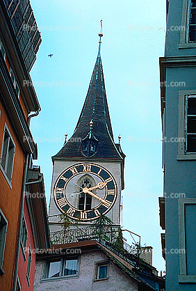 Clock Tower, Steeple, Building, Zurich, Switzerland, roman numerals, outdoor clock, outside, exterior