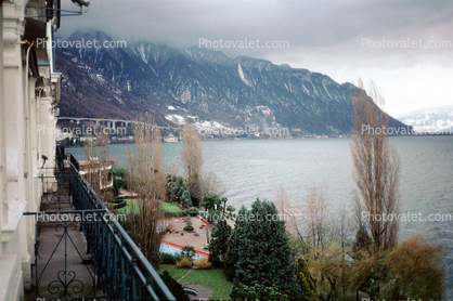Lakeside, Lake, Waterfront, Trees, Water, Mountains, Switzerland, 1950s
