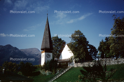 Clock Tower, Clocktower, Steeple, Building, Wengen, Switzerland, 1950s