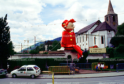 Balloon Boy, buildings, Saint Catherine's church, cars, Sierre, Valais, Switzerland