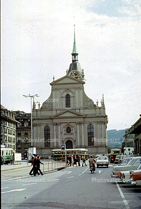 Church of the Holy Ghost, clock tower, steeple, building, cars, baroque, Bern, Switzerland