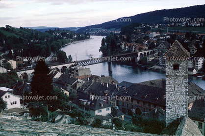 River, Bridge, tower, buildings, village, Switzerland