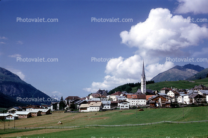 Church, Steeple, Homes, Houses, Buildings, Clouds, Switzerland