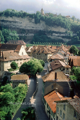 Homes, Houses, Buildings, Street, Red Roofs, Tower, Fribourg, Switzerland