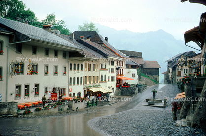 Rainy Wet Road, Buildings, Bucolic, Gruyere, Switzerland