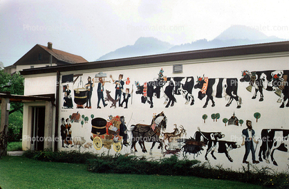 Wall Painting, Building, Cheese Factory, Horses, Cows, Gruyere, Switzerland