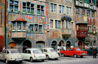 wall painting, ornate, building, windows, cars, Volkswagen, Switzerland, opulant, automobile, vehicles