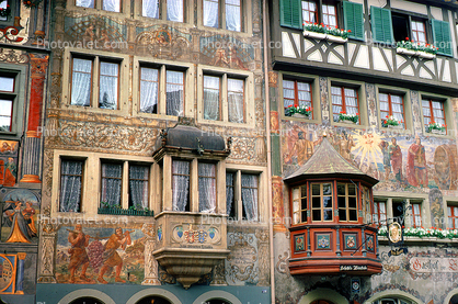 wall painting, ornate, building, windows, Switzerland, opulant