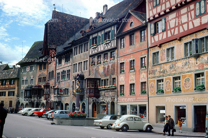 Parked Cars, Volkswagen, VW-Beetle, Wall Paintings, Building, Switzerland