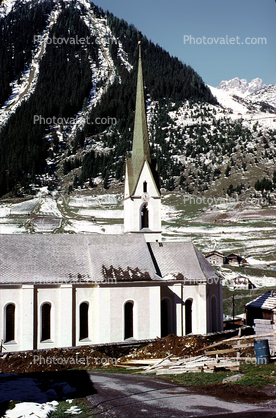 Village, Church, Steeple, Mountains, building, Constantine, Switzerland