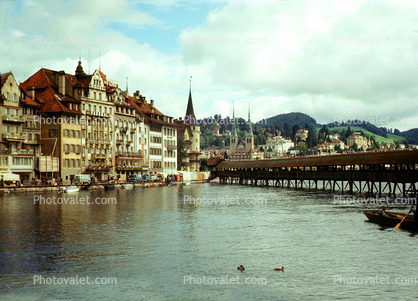 skyline, buildings, lake, Lucerne Bridge, Kapellbr?cke, Luzern, Switzerland