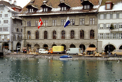 Cars, van, waterfront, hotel building, trucks, boat, harbor, Lakefront, Switzerland