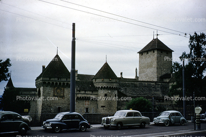 Chillon Castle, cars, Mercedes Benz, Morris Minor, vehicle, automobile, Montreux, Switzerland, 1956, 1950s
