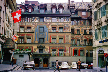 Hotel Des Balances, Hotel Waage, building, cars, people, wall paintings, Lucerne, Switzerland