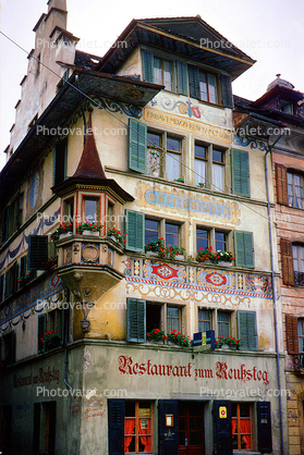 Restaurant zum Reussteg, Ornate Building, Lucerne, Switzerland, opulant