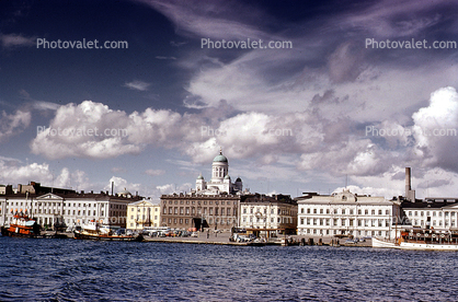 shoreline, buildings, docks, harbor, Senate Square, Helsinki, clouds